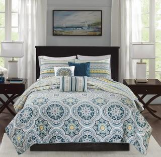 Madison Park Delta Teal 6 Pieces Reversible Cotton Sateen Printed Coverlet Set - King