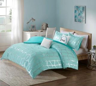 Khloe 4-Piece Aqua/Silver Twin/Twin XL Geometric Duvet Cover Set