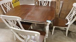 Oval Dining Room Table & 5 Chairs - Dk Oak & Weathered White-Scratches/Chips On Table/Chairs