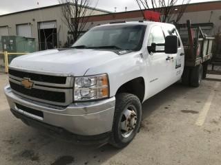 2013 Chevrolet 3500 HD 4x4 Dually Crew Cab Deck Truck, c/w 6.0L, A/T, 9' Deck W/ Fold Down Sides, Showing 77,998. VIN# 1GB4KZCG0DF208203. Unit 71 *Does Not Include Contents*