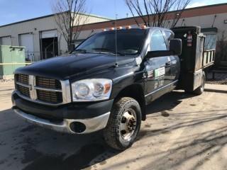 2007 Dodge Ram 3500 HD 4x4 Dually Crew Cab Deck Truck, c/w Cummins 6.7 Diesel Engine, Auto Transmission, w/ 9' Deck w/ Fold Down Sides And Cabinets, Showing 254,148 KMS. VIN# 3D6WH48A87G763567. Unit 343