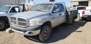 2007 Dodge Ram 3500 HD 4x4 Dually Crew Cab Deck Truck, c/w 6.7L Cummins Diesel Engine, A/T, 9'6" Deck w/ Fold Down Sides And Cabinets, Showing 223,378 KMS. VIN# 3D6WH48A87G791773. Unit 355