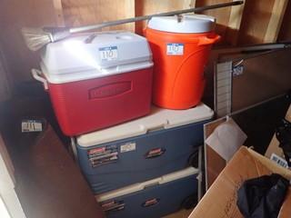 Lot of 3 Chest Coolers and 1 Beverage Cooler. **MUST BE REMOVED BY MON. APRIL 29 @5PM- LOCATED IN MILK RIVER**