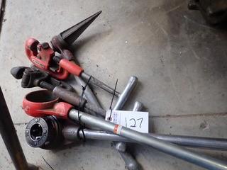 Lot of 2 Ridgid Manual Threaders, Reamer, 2 Tubing Cutters and Asst. Dies.  **LOCATED IN MILK RIVER**