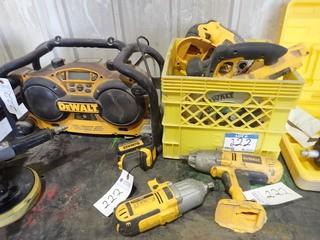 Lot of DeWalt Radio, Cordless Angle Grinder, Circular Saw, Jigsaw, (2) 1/2" Impacts, 20V Battery and 18V Charger. **LOCATED IN MILK RIVER**