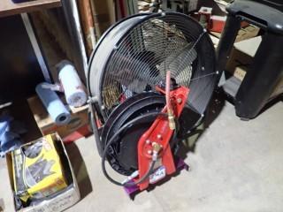 Lot of BE 36" Construction Fan and Retractable Hose Reel. **LOCATED IN MILK RIVER**