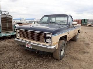 1986 Chevrolet Wrangler Regular Cab 4x4 Pickup Truck. Gas Engine, Automatic Transmission, Showing 256,147kms. NVSN. **NOT RUNNING-LOCATED IN MILK RIVER**