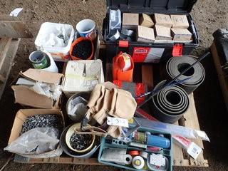 Pallet of Asst. Halogen Lights, Cable Come-Alongs, Fasteners, Rubber Belting, Tool Box, Electrical Boxes, Light Sockets, etc. **LOCATED IN MILK RIVER**