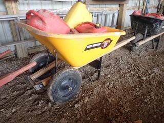 Lot of True Temper 2-Wheel Wheelbarrow and Jerry Cans. **LOCATED IN MILK RIVER**