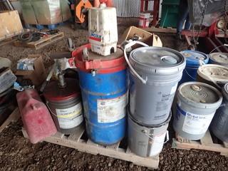Pallet of Lincoln Lube Cart, S4 TXM Transmission and Hydraulic Fluid, Solvent, Diesel Engine Coolant and Asst. Shop Fluids, etc. **LOCATED IN MILK RIVER**