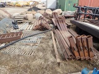 Lot of Asst. Steel Frames, Grating, Belting, Grader Blade, Braided Cable Slings, Intake Hose, Hopper, etc. **LOCATED IN MILK RIVER**