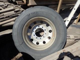 Lot of 24.5 Tire on Aluminum Budd Wheel, (2) 24.5 Tires on Steel Bud Wheels, (4) 24.5 Tires, and (3) 22.5 Tires on Steel Budd Wheels. **LOCATED IN MILK RIVER**