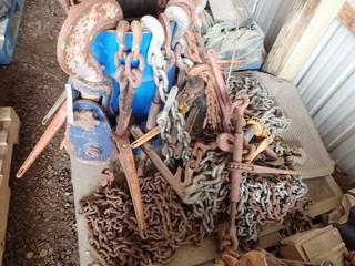 Lot of Heavy Duty Chains, Ratchet Boomers, Hook and Block, etc. **LOCATED IN MILK RIVER**