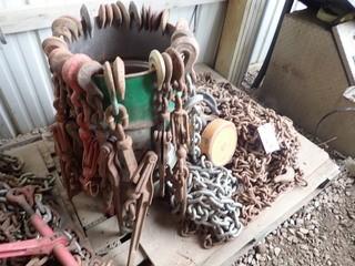 Lot of Heavy Duty Chains, Ratchet Boomers, Chain Falls, etc. **LOCATED IN MILK RIVER**