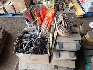 Lot of Ratchet Straps, Hand Held Construction Signs, Bungee Cords, Trailer Landing Gear Blocks, etc. **LOCATED IN MILK RIVER**