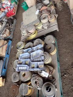 Lot of 2 Pallets Load Straps, Trailer Landing Gear Straps, Wide and Oversized Load Banners, Corner Guards, Strap Winders, etc. **LOCATED IN MILK RIVER**