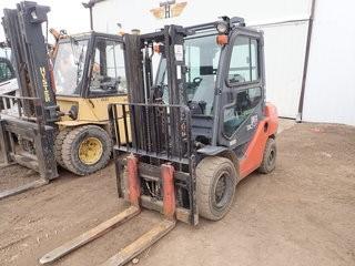 2011 Toyota 8FDU30 3,000lbs Capacity Diesel Forklift. 2-Stage Mast, Heated EROP, Hard Cushion Front Tires, Pneumatic Rear Tires, Showing 1,676hrs. SN 30951. **BEING USED FOR LOADOUT, CANNOT BE REMOVED UNTIL THUR. MAY 2 @ 2PM UNLESS RELEASED EARLY BY CENTURY-LOCATED IN MILK RIVER**