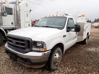 2004 Ford F350 Super Duty XL Regular Cab 1-Ton DRW Service Truck. 5.4L Gas Engine. 5-Speed Transmission, Nortruck M90 Service Body, Air Liquide WolfPac 270 AC/DC Gas Welder-Showing 427hrs, DeVair 247 Industrial Horizontal Air Compressor w/ Honda GX390 Gas Engine, Retractable Hose Reel. Showing 103,835kms. VIN 1FDWF36L64EC22445. **LOCATED IN MILK RIVER**