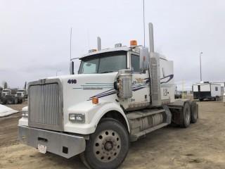 2016 Western Star 4900FA Tandem Axle Truck Tractor. Detroit DD16 560hp Diesel Engine, 18-Speed Transmission, Air Ride Suspension, 13,300lbs Front Axle, 46,000lbs Rear Axles, 11R24.5 Tires, 237" W/B, Aluminum Budd Wheels, 48" Flat Top Sleeper, Sliding Fifth-Wheel Hitch, Wet Kit, Engine Heater, Double Lockups, Showing 437,854kms and 7,417hrs, CVIP Expires 05/19. VIN 5KJJAED19GPGW0689. **LOCATED IN SEXSMITH**