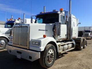 2016 Western Star 4900FA Tandem Axle Truck Tractor. Detroit DD16 560hp Diesel Engine, 18-Speed Transmission, Air Ride Suspension, 13,300lbs Front Axle, 46,000lbs Rear Axles, 11R24.5 Tires, 237" W/B, Aluminum Budd Wheels, 54" Flat Top Sleeper, Sliding Fifth-Wheel Hitch, Thermo-King TriPac Evolution APU, Cooper Bussman Power Inverter, Wet Kit, Engine Heater, Double Lockups, Showing 466,462kms and 7,962hrs, CVIP Expires 11/19. VIN 5KJJAED19GPGW3267. **LOCATED IN MILK RIVER**
