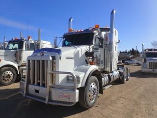 2012 Kenworth T800 Tandem Axle Truck Tractor. Cummins ISX 550hp Diesel Engine, 18-Speed Transmission, 13,200lbs Front Axle, 46,000lbs Rear Axles, 11R24.5 Tires, Aluminum Budd Wheels, Air Ride Suspension, 72" Stand Up Sleeper, Showing 648,266kms, CVIP Expired 10/18. VIN 1XKDD40X8CJ951267. **LOCATED IN MILK RIVER**