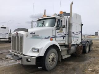2003 Kenworth T800 Tandem Axle Truck Tractor. Cat C15 475hp Diesel Engine, 18-Speed Transmission, 40,000lbs Rear Axles, 11R24.5 Tires, 224" W/B, Aluminum Budd Wheels, Air Ride Suspension, 52" Hi-Rise Sleeper, Sliding Fifth-Wheel, Wetkit, Engine Heater, Showing 152,826kms and 9,515hrs, CVIP Expires 09/19. VIN 1XKDDB9X63J970455.  **LOCATED IN SEXSMITH**