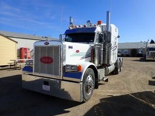2000 Peterbilt 379 Tandem Axle Truck Tractor. Cat C15 475hp Diesel Engine, 18-Speed Transmission, 12,000lbs Front Axle, 38,000lbs Rear Axles, 11R24.5 Tires, Aluminum Budd Wheels, Unibilt Ultracab 63" Stand Up Sleeper, Sliding Fifth-Wheel, Wet Kit, Newstar PTO, Showing 2,114,975kms and 2,215hrs, CVIP 11/19. VIN 1XP5DB9X6YD515397. **LOCATED IN MILK RIVER**