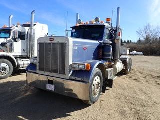 1989 Peterbilt 379 Tandem Axle Truck Tractor. Cat 3406B 425hp Diesel Engine, 18-Speed Transmission, 11R24.5 Tires, Aluminum Budd Wheels, Air Ride Suspension, Sliding Fifth-Wheel, Wet Kit, Chelsea PTO, Showing 491,244kms, CVIP Expired 10/18. VIN D276509GL. **LOCATED IN MILK RIVER**