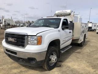 2013 GMC Sierra 3500HD Regular Cab 1-Ton DRW 4x4 Service Truck. Duramax 6.6L Diesel Engine, Allison Automatic Transmission, ITB 9' Aluminum Service Body, Miller Trailblazer 302 Air Pack Welder/Generator/Air Compressor/Battery Charger, Showing 177,950kms, CVIP Expired 03/19. VIN 1GD322C89DF156833.  **LOCATED IN SEXSMITH**