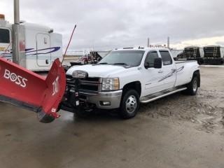 2011 Chevrolet Silverado 3500HD LTZ Crew Cab 1-Ton DRW 4x4  Pickup Truck. Duramax 6.6L Diesel Engine, Allison Automatic Transmission, Boss 9'2" Power-V DXT V-Blade Snow Plow w/Remote, Akum Jockey Box w/ Fuel Tank, Showing 231,958kms. VIN 1GC4K1C89BF134671. **LOCATED IN SEXSMITH**