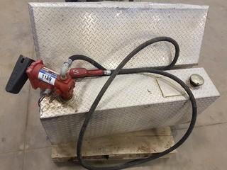 Pickup Truck Checkerplate Aluminum Combination 74gallon Fuel Tank and Tool Box w/ Fill-Rite 15GPM 12V Electric Pump and Contents. ** LOCATED IN SEXSMITH**
