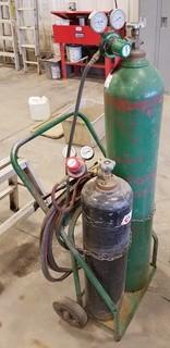 Oxy/Acetylene Torch Set w/Cart, Cutting Torch, Hoses and Regulators. **NOTE BOTTLES OF O2 and Acetylene not included LOCATED IN SEXSMITH**