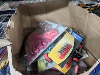 Box of Lady Work Gloves, Paint Rollers and Adjustable Wrenches.