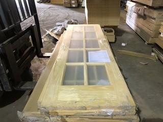 Selling Off Site: Lot of (5) Pine Panel 10 Light Glass Doors 80" x 24" x 1 3/8".