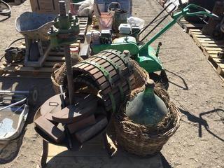 Grape Pressing Machine c/w (3) Wicker Wrapped Wine Bottles.