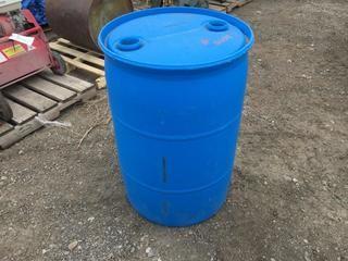 Lot of (2) Plastic Feed Buckets and Water Barrel.