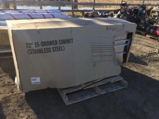 72" 15 Drawer Stainless Steel Cabinet. Note:  Damaged.