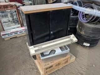 Lot of 35"x14"x42" Metal Cabinet, Misc. Chaffing Dishes, Space Heater, Etc.