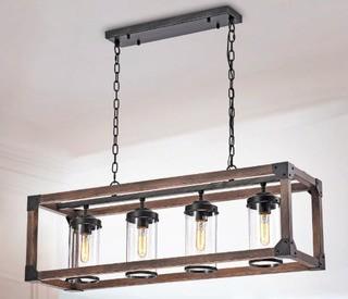 Daniela Antique Black Metal and Wood Bubble Glass Rectangular Pendant