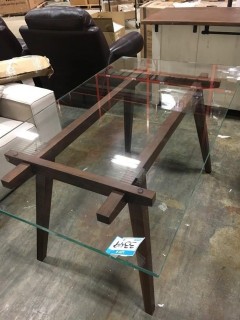 Dining Table With Glass Top And Wooden Base ( Some Scratches On The Base)