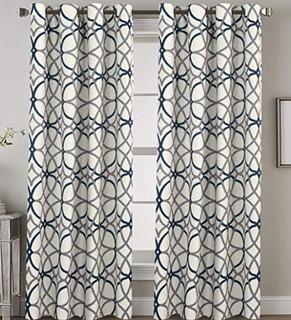 Mahaney Geometric Blackout Thermal Grommet Curtain Panels, Navy/Cream 52x84"