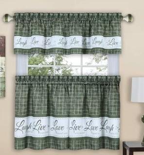 The Live, Love, Laugh Kitchen Curtain, Green; 1 Valance 58x14"; 2 Tier Curtains 58x24"