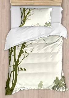 Apartment Nature Theme the Panorama of a Forest Pattern Birds on Tree Branches Duvet Cover Set, Twin