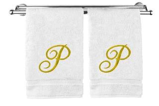 Letter "P" Monogrammed Hand Towel,6 x 30 Inches - Set of 2 - Silver Embroidered Towel - Extra Absorbent 100% Turkish Cotton- Soft Terry Finish 