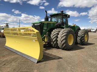 2015 John Deere 9620R Tractor c/w 620 HP, 18/6 Powershift Trans, Active Command Steering, Command View III Cab, Premium Radio XM Satellite, 1,000 RPM PTO, Hi Flow Hydraulics, 6 SCV's, Premium Lighting, Leather Heated Seat, Remote Heated Mirrors, Dual Beam Radar, Refrigerator, Front Weight Kit., Michelin Dual IF800/70R38 Tires. Showing 1340 Hours. S/N 1RW9620RCFP016529