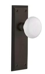(2)Nostalgic Warehouse White Porcelain Single Dummy Door Knob with New York Plate, Oil Rubbed Bronze