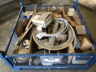 Quantity of mechanical fittings including gaskets and repair kits. Swaglok valves, Clamps, plugs cupboard door hinges, 1" steam trap. NOTE:   Steel container not included in sale