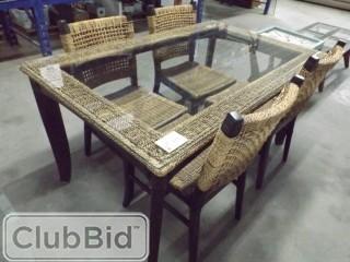 Wicker Table Glass Top 5'x3' c/w (4) Chairs 