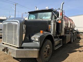 Selling Off-Site 2000 Freightliner Tri-Drive Tank Truck c/w Krohnert 3500 Gallon Water Tank, Eaton Fuller 18 Speed Transmission, PTO, 11R 24.5 Tires, Requires Repair. 598,821 kms, 7,903 hrs. S/N 1FVUFXYBOYPB63594.  Location:  339 Aquaduct Dr., Brooks, AB Call Tim For Further Information 403-968-9430.