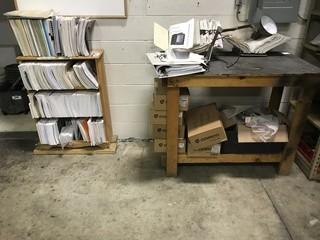 4-Tier Shelf C/w Wood Work Table And Qty Of Vending Machine Parts Manuals